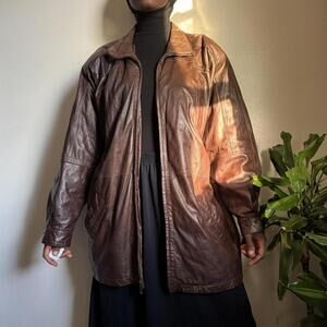 Vintage unisex oversized button down brown Leather jacket‎ size M